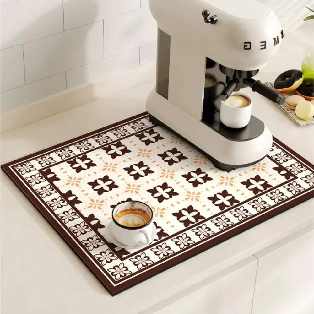 Retro Absorbent Coffee Bar Mat with Non-Slip Rubber Base | 14 Patterns, 2 Sizes | Quick-Dry Spill Control for Counters