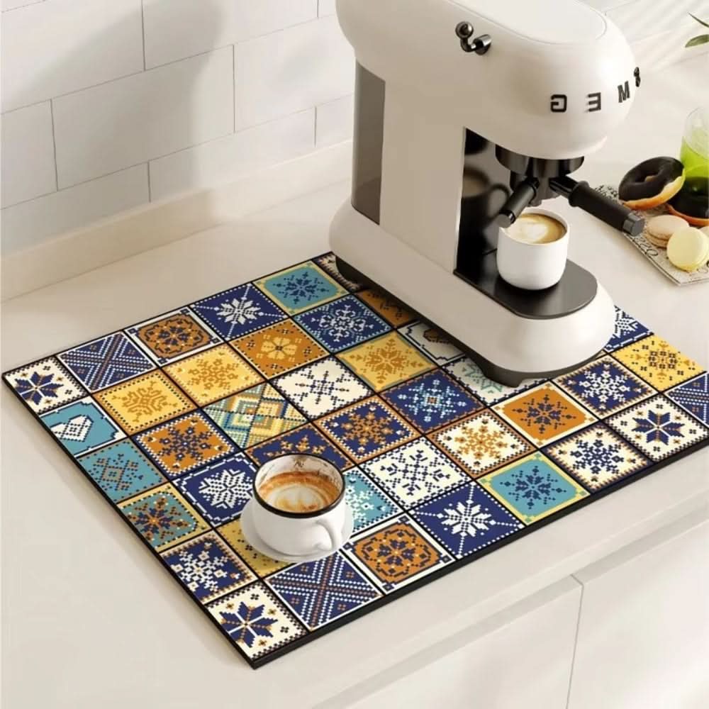 Retro Absorbent Coffee Bar Mat with Non-Slip Rubber Base | 14 Patterns, 2 Sizes | Quick-Dry Spill Control for Counters
