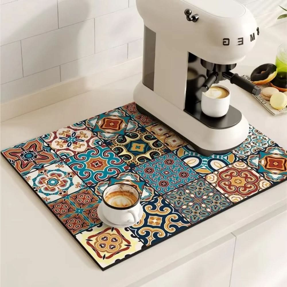 Retro Absorbent Coffee Bar Mat with Non-Slip Rubber Base | 14 Patterns, 2 Sizes | Quick-Dry Spill Control for Counters