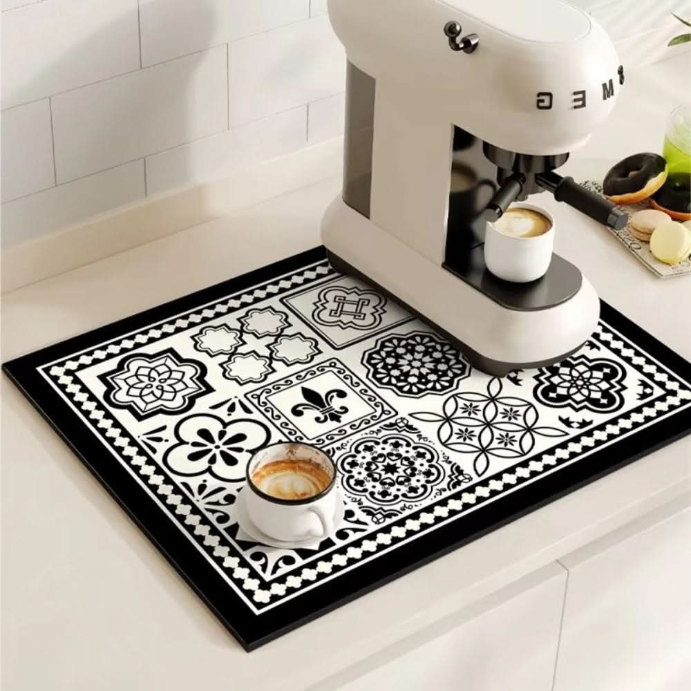 Retro Absorbent Coffee Bar Mat with Non-Slip Rubber Base | 14 Patterns, 2 Sizes | Quick-Dry Spill Control for Counters