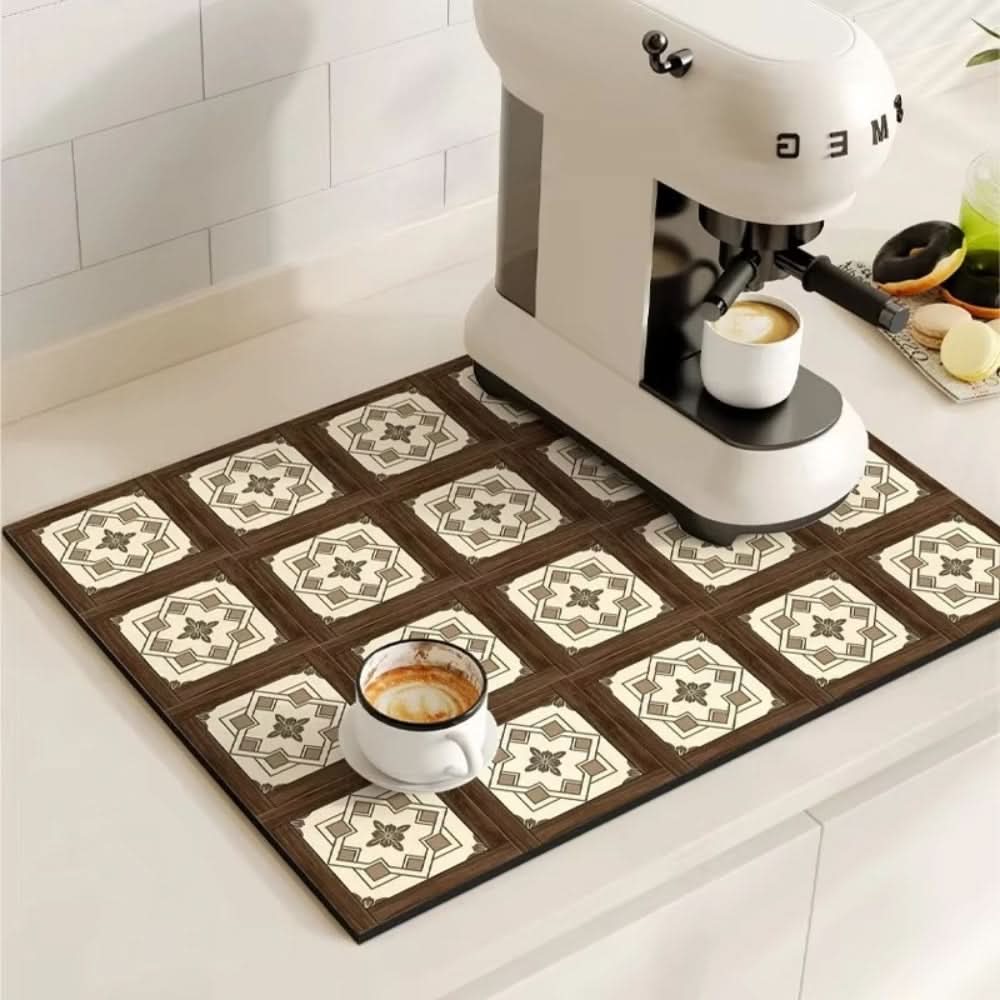 Retro Absorbent Coffee Bar Mat with Non-Slip Rubber Base | 14 Patterns, 2 Sizes | Quick-Dry Spill Control for Counters