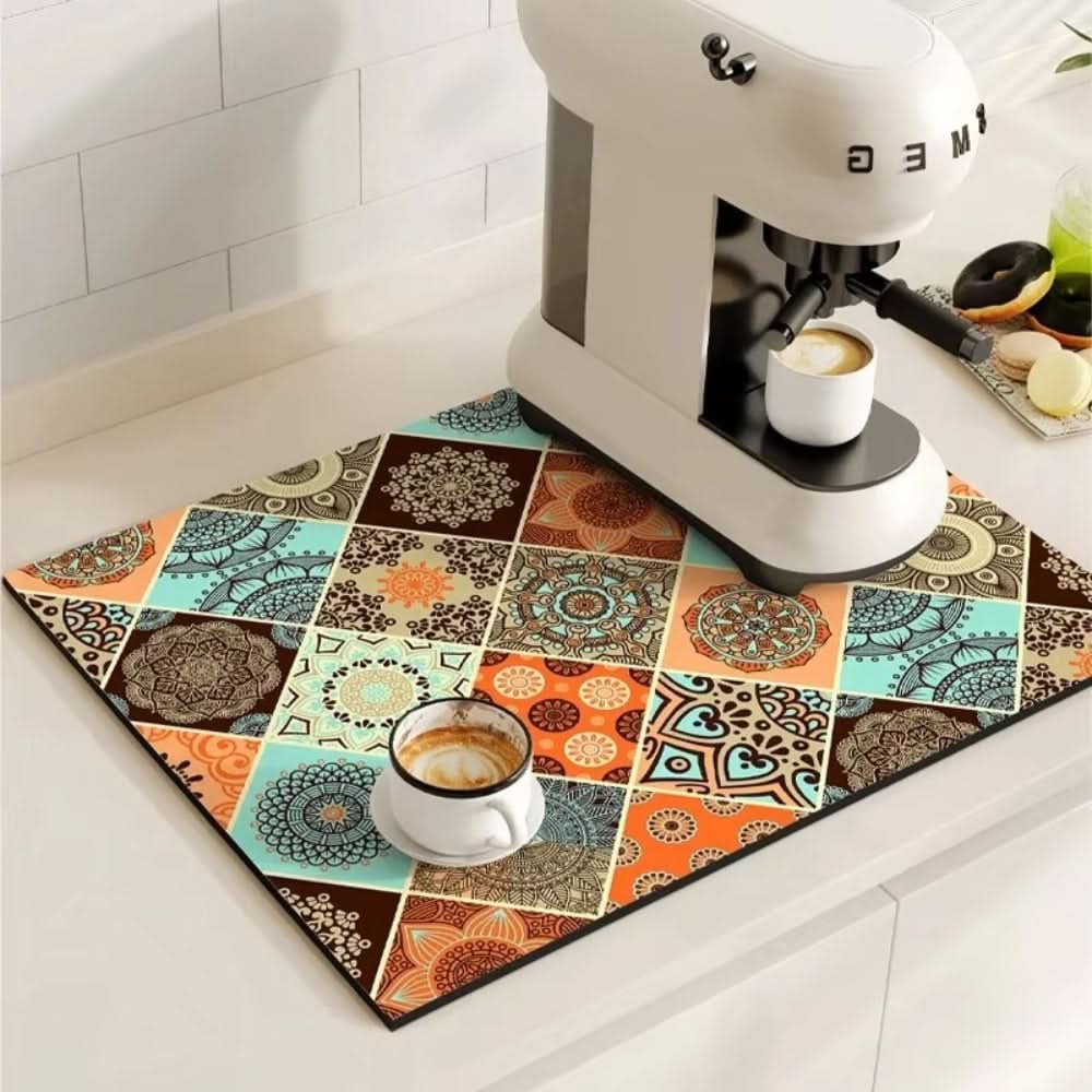 Retro Absorbent Coffee Bar Mat with Non-Slip Rubber Base | 14 Patterns, 2 Sizes | Quick-Dry Spill Control for Counters