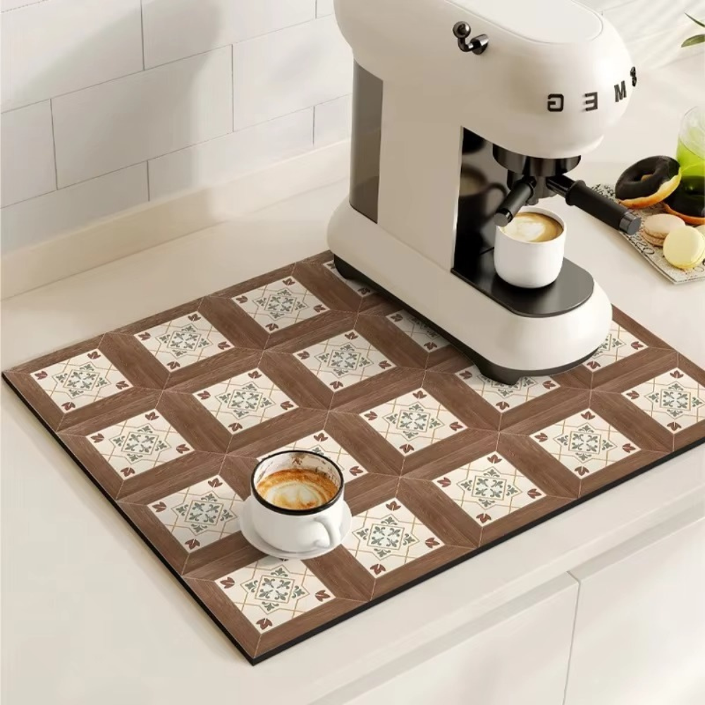 Retro Absorbent Coffee Bar Mat with Non-Slip Rubber Base | 14 Patterns, 2 Sizes | Quick-Dry Spill Control for Counters