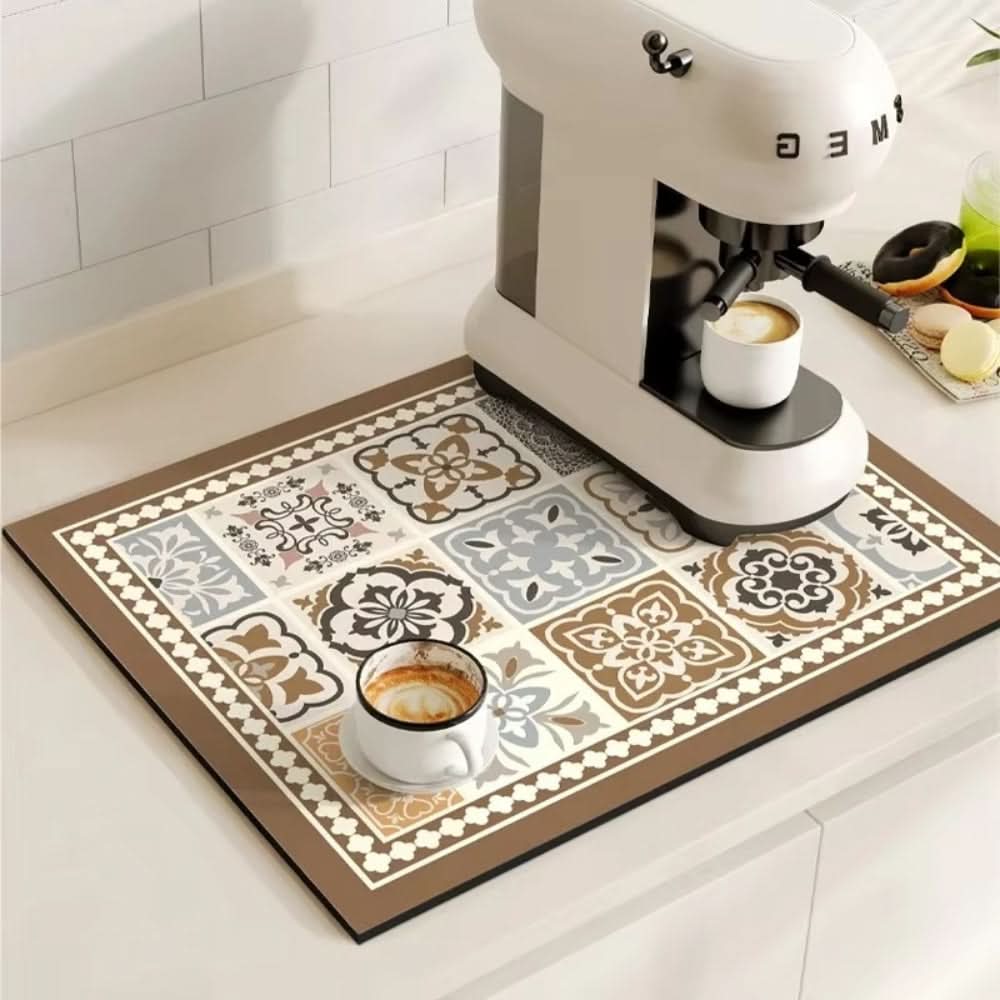 Retro Absorbent Coffee Bar Mat with Non-Slip Rubber Base | 14 Patterns, 2 Sizes | Quick-Dry Spill Control for Counters