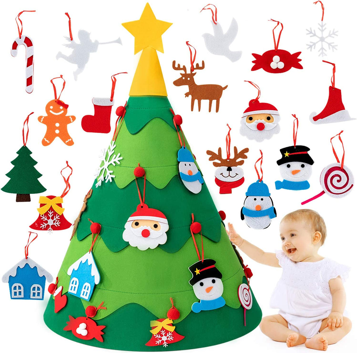 Felt Christmas Tree for Kids with 30 Reusable Decorations | Wall Hanging Holiday Craft Activity | Soft and Child-Safe