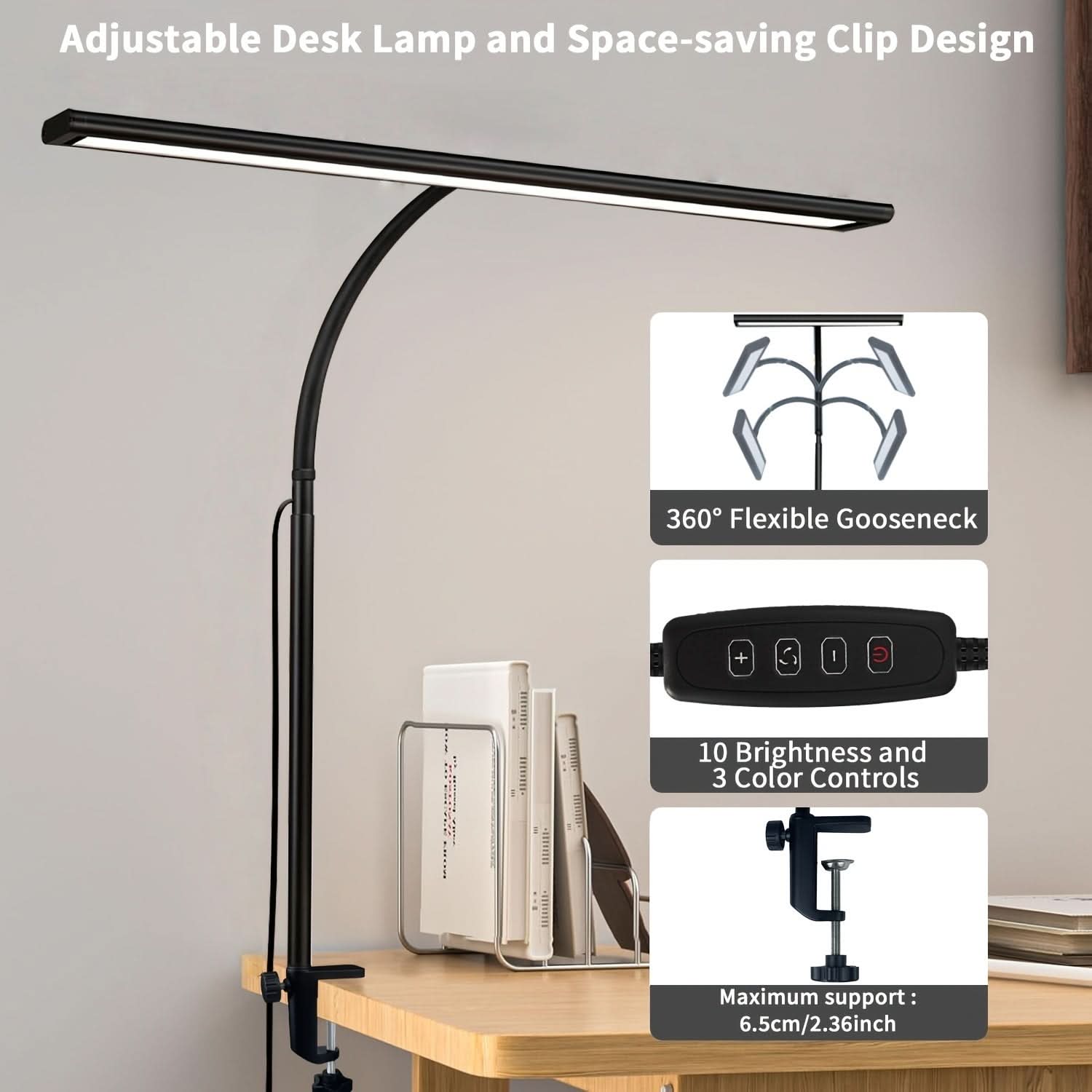 Ultra-Wide LED Desk Lamp | 3 Color Modes & Stepless Dimming | Flexible Swing Arm for Office, Reading & Study