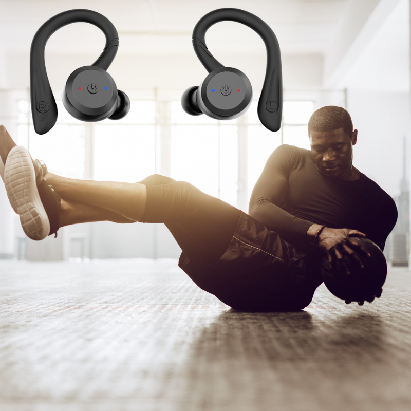 Wireless Earbuds with Ear Hooks and 20 Hours of Playtime | IPX7 Waterproof for Swimming, Running or Rain | Three Colors
