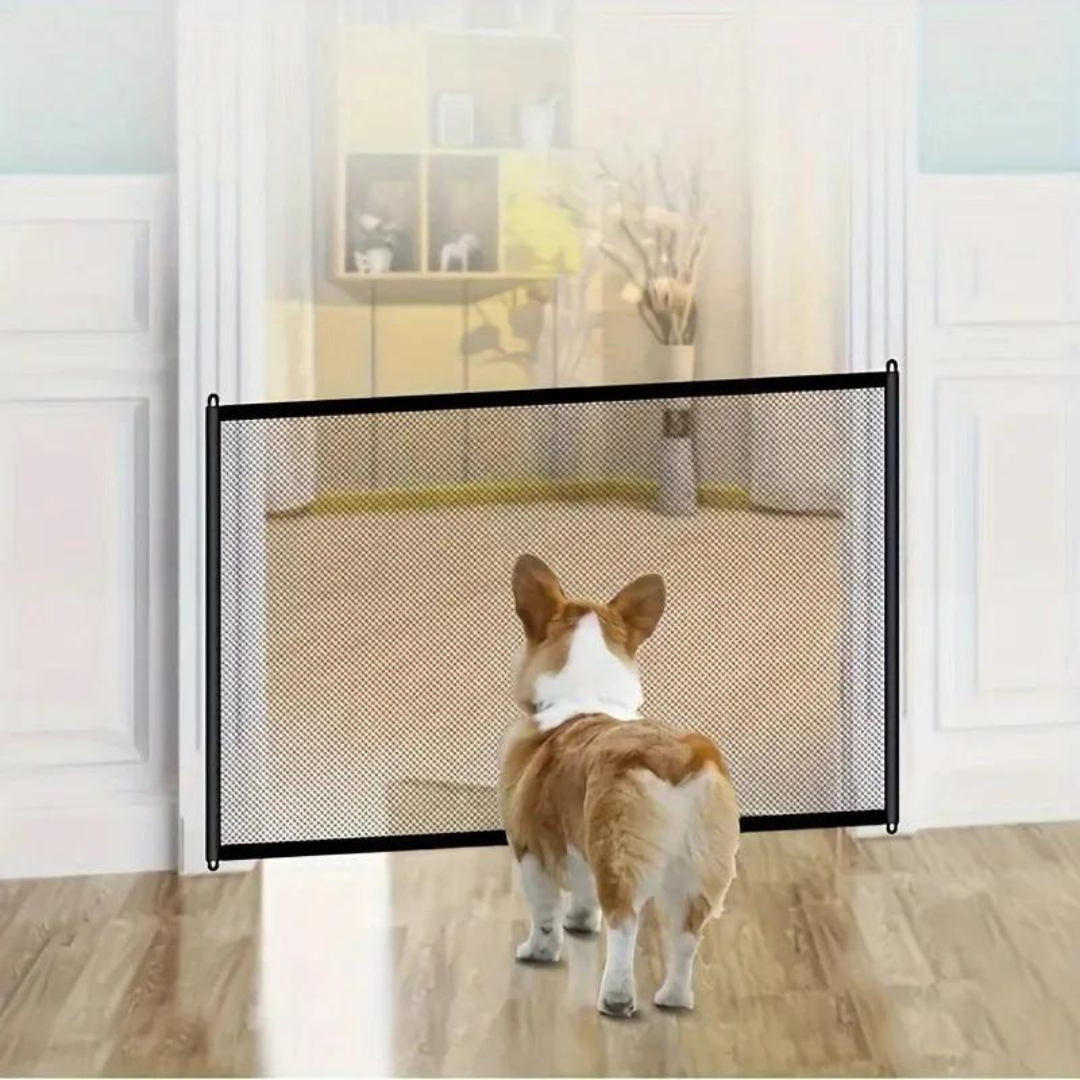 Portable Mesh Pet Gate for Doorways and Stairs | Hangs on Four Adhesive Hooks, No Tools Needed | Two Sizes for Dog or Cat