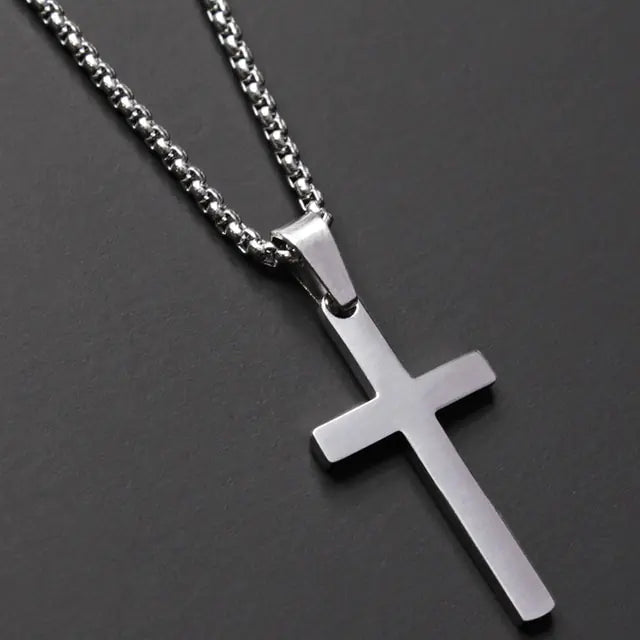 Mens Cross Pendant Necklace in Stainless Steel | Polished Gold or Silver Finish | 24 Inch Chain