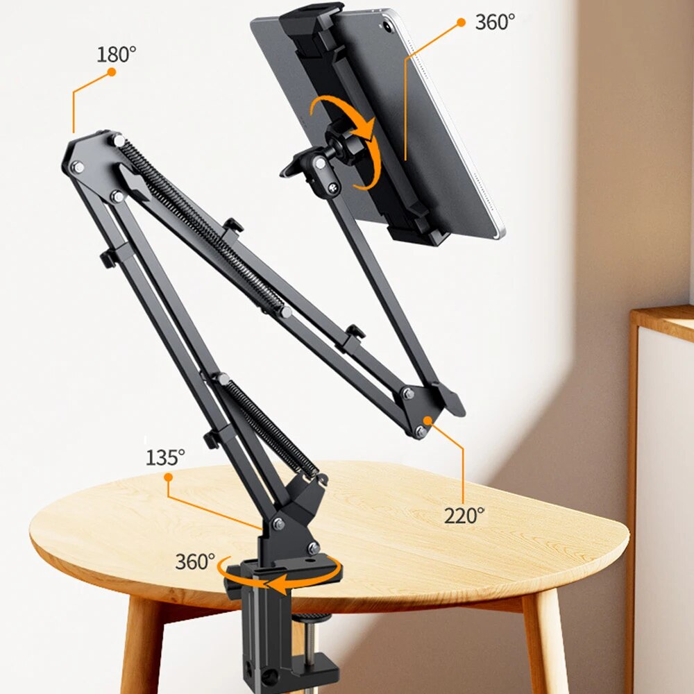 Adjustable Tablet Stand with Table Clamp and Swivel Arm | 360 Degree Rotating Holder for Bed, Desk or Kitchen