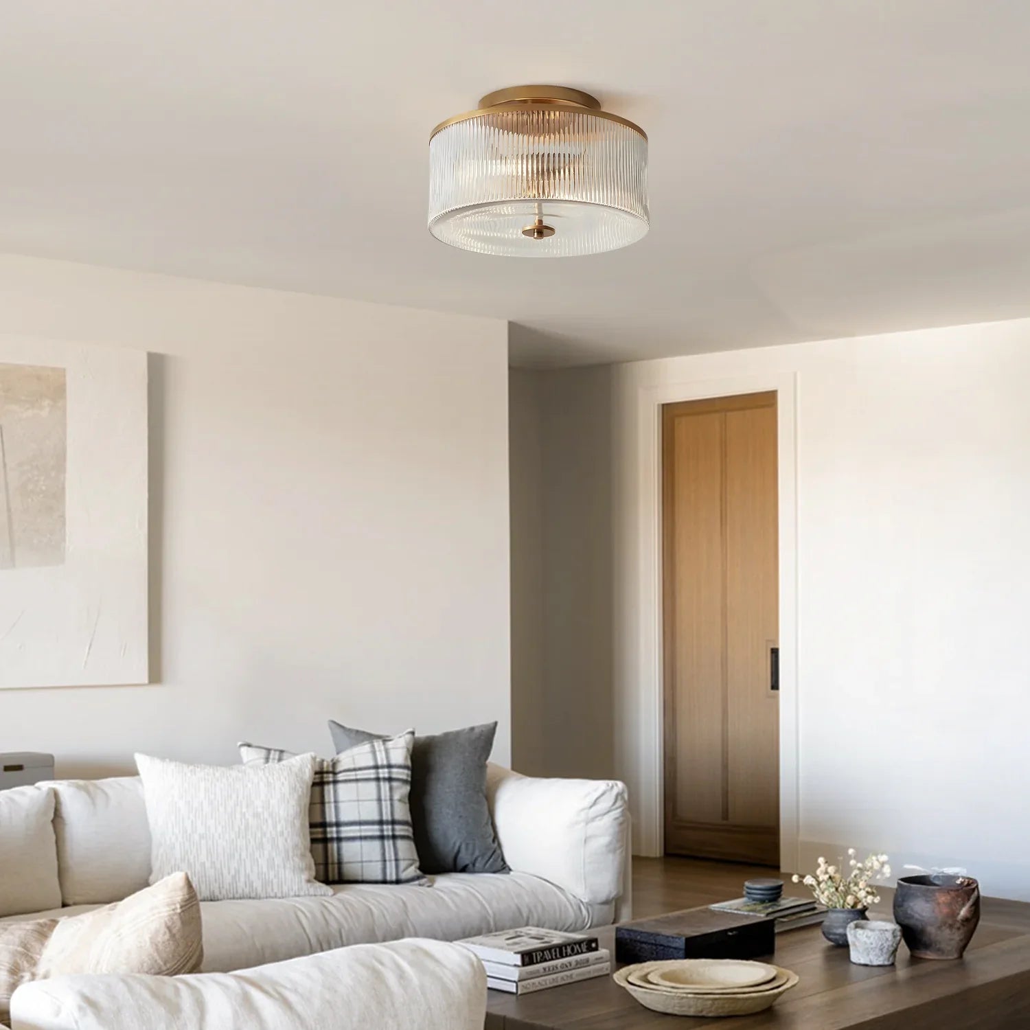 Ribbed Glass Ceiling Light Semi Flush Mount
