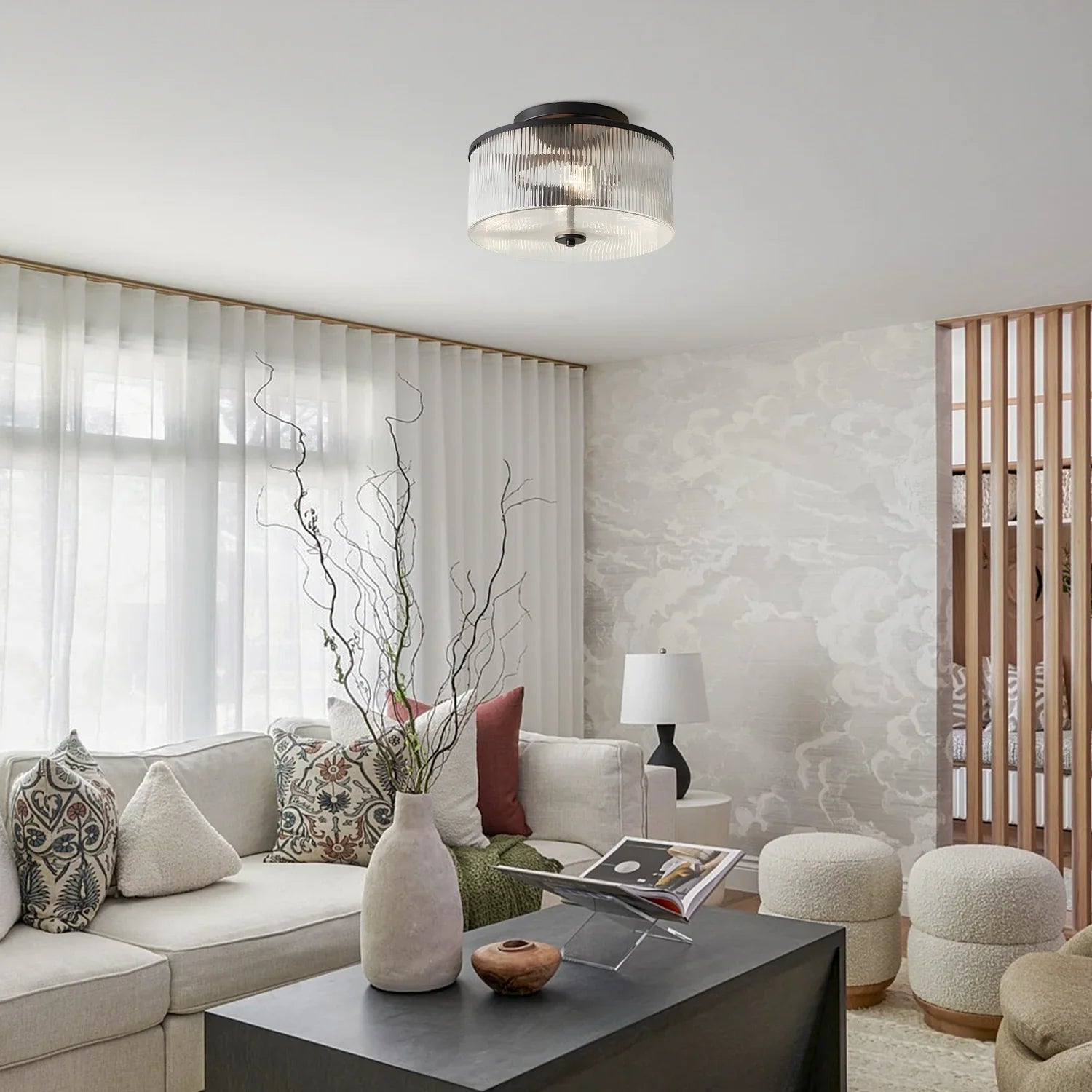 Ribbed Glass Ceiling Light Semi Flush Mount
