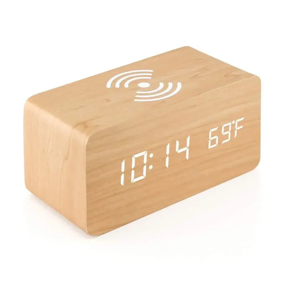 Wooden LED Alarm Clock with Wireless Charging