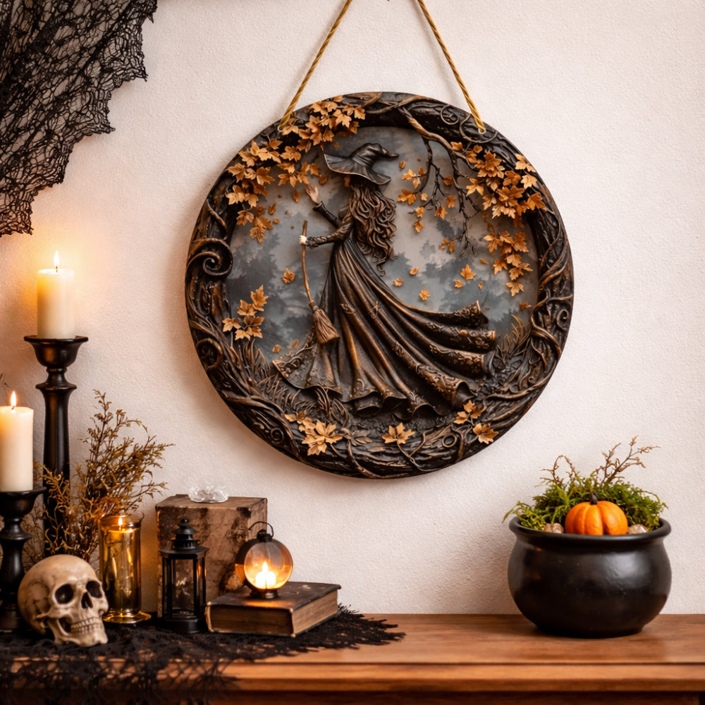 Round wooden witch door sign, design B, with layered cutout figures