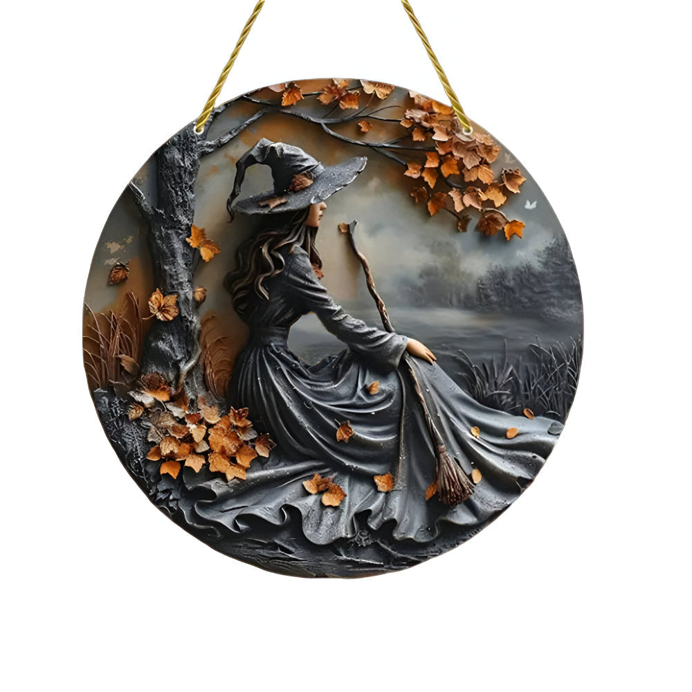 Wooden witch door sign displayed on an indoor wall
