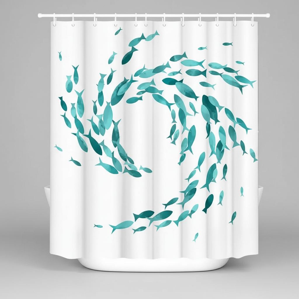 Fish Print Fabric Shower Curtain with Hooks Included | Water-Repellent and Easy to Wipe Clean | 4 Sizes