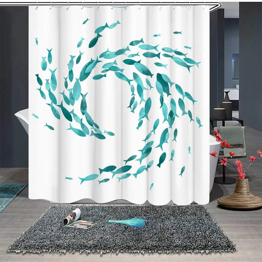 Fish Print Fabric Shower Curtain with Hooks Included | Water-Repellent and Easy to Wipe Clean | 4 Sizes
