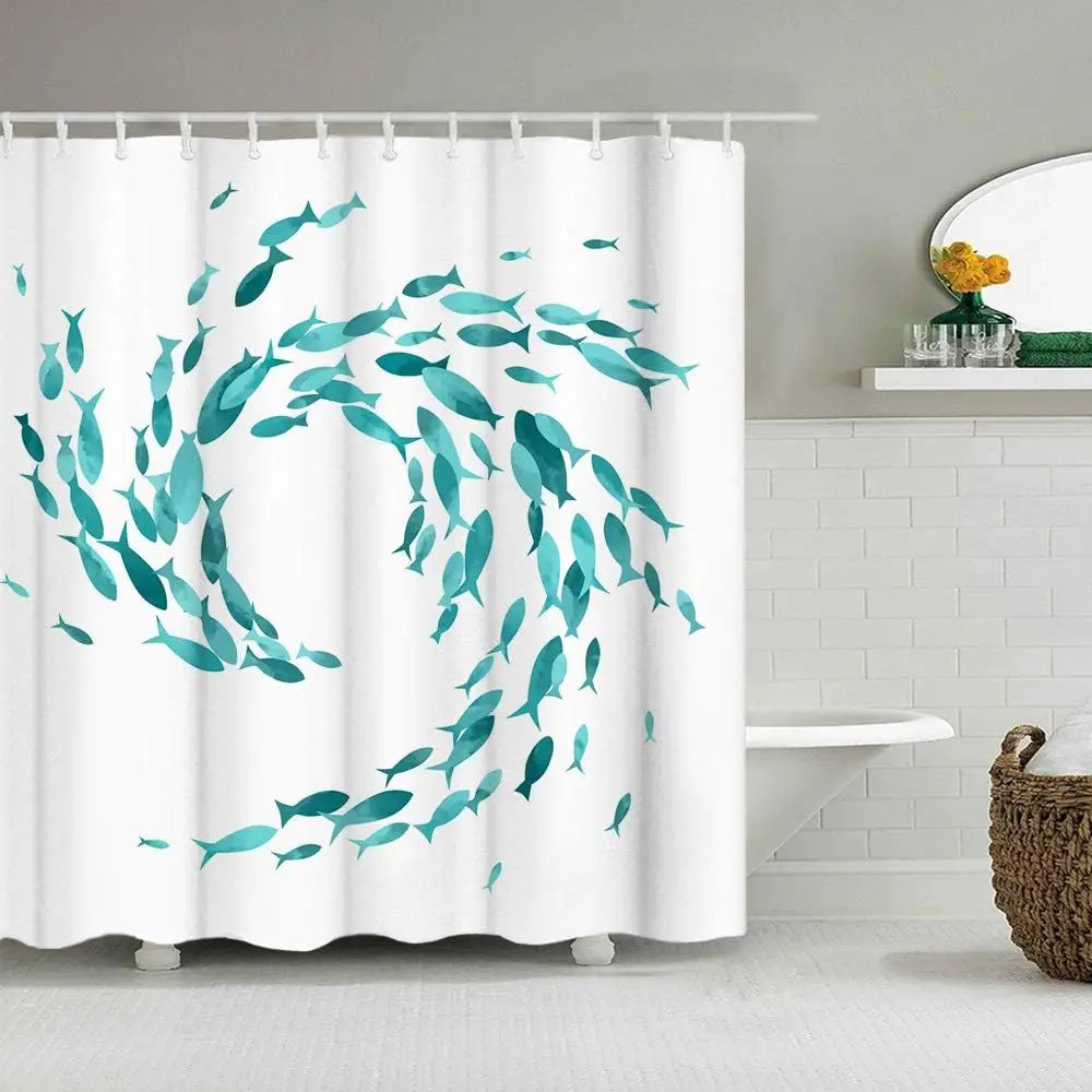Fish Print Fabric Shower Curtain with Hooks Included | Water-Repellent and Easy to Wipe Clean | 4 Sizes