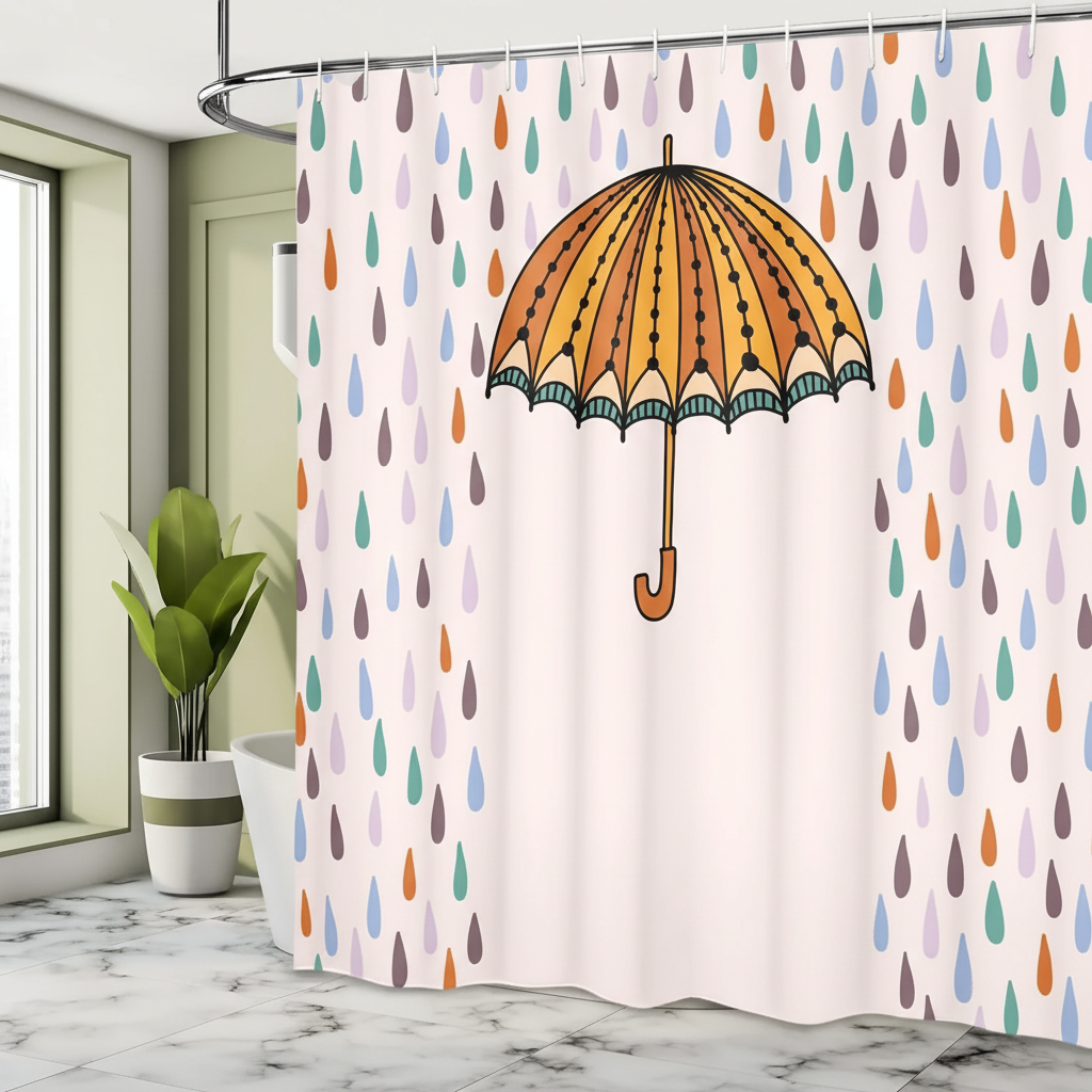 Water-Repellent Shower Curtain with Umbrella Print | Opaque Polyester Screen with 12 Hooks | Three Sizes, 35 x 71 to 71 x 79 Inches