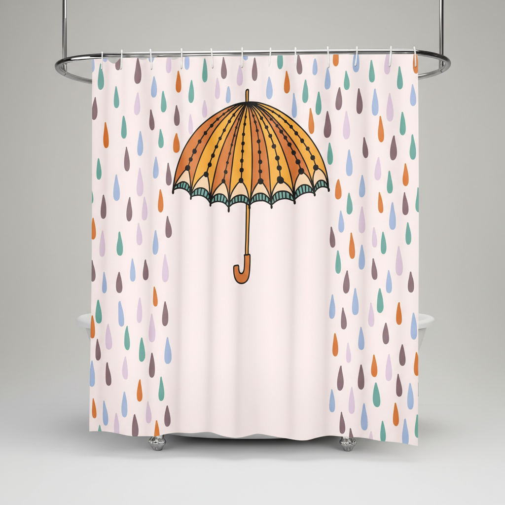 Water-Repellent Shower Curtain with Umbrella Print | Opaque Polyester Screen with 12 Hooks | Three Sizes, 35 x 71 to 71 x 79 Inches