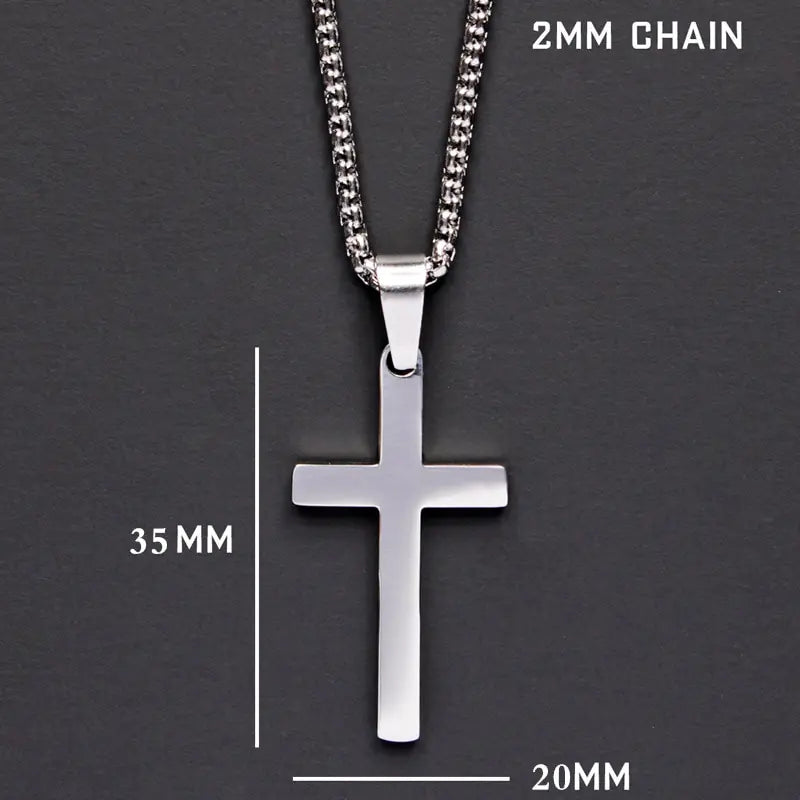 Mens Cross Pendant Necklace in Stainless Steel | Polished Gold or Silver Finish | 24 Inch Chain