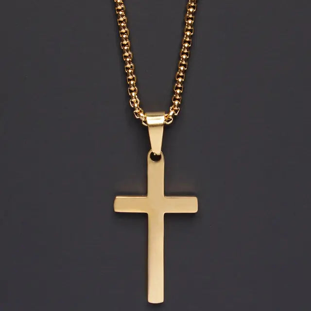 Mens Cross Pendant Necklace in Stainless Steel | Polished Gold or Silver Finish | 24 Inch Chain