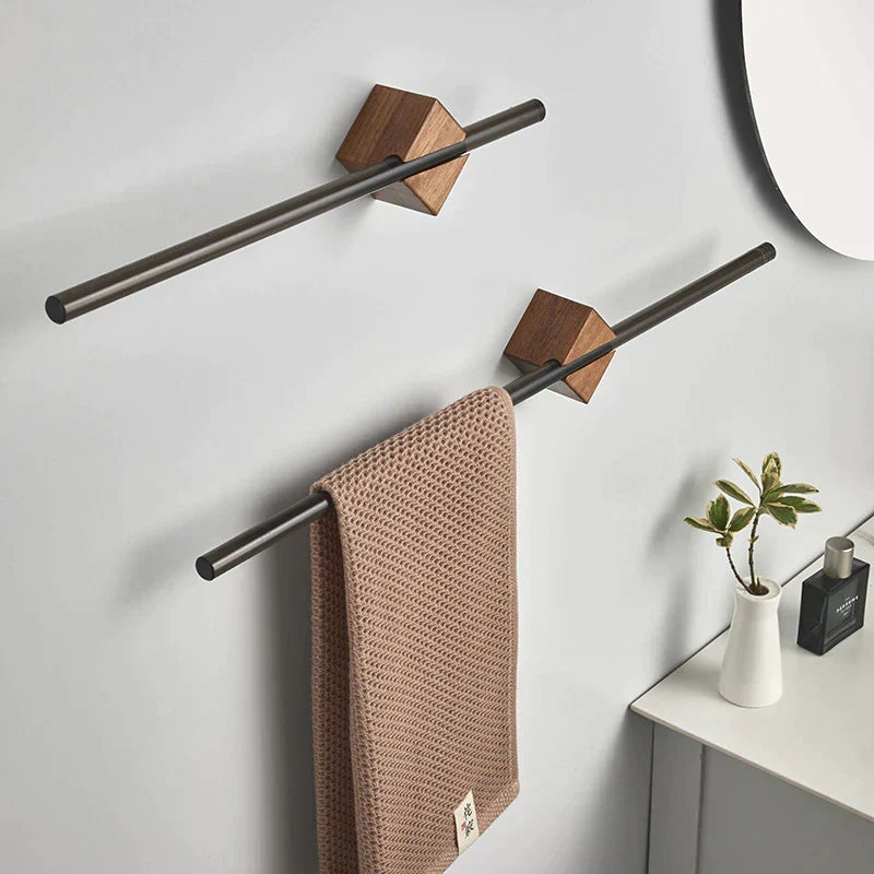 Wall Mounted Rail on a Natural Wood Grain Block | Minimalist Bathroom Towel Storage in Black or Gold | Three Lengths