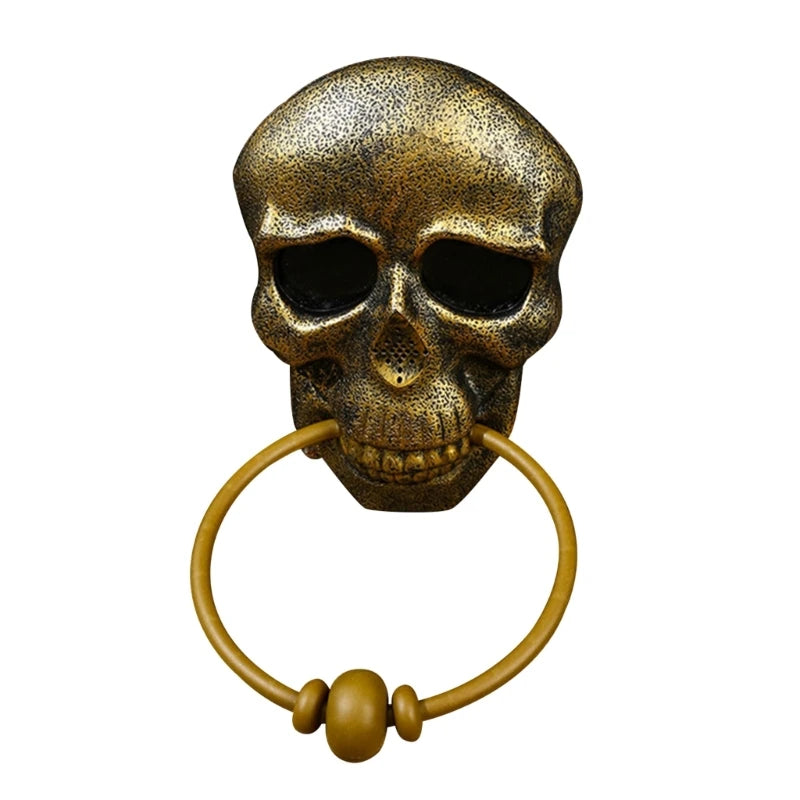 Halloween skeleton head door knocker in a bronze finish