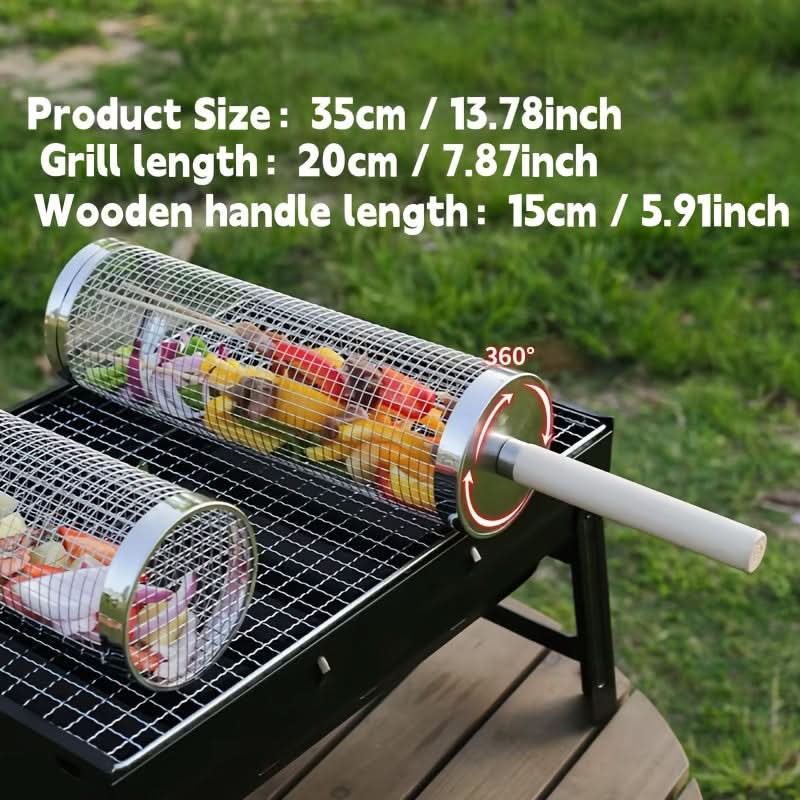 Stainless Steel Rolling Grill Basket with Detachable Handle | 304-Grade Steel | Even-Cook Rotating Design for BBQ
