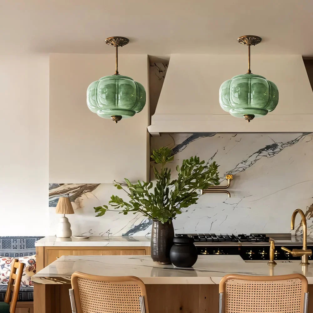 Pumpkin Glass Pendant Light Adjustable Brass