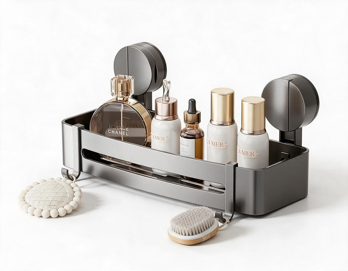 Suction Cup Shower Caddy in Aluminum, No Drilling Needed | Corner or Flat Wall Shelf for Shampoo and Soap | Four Shapes
