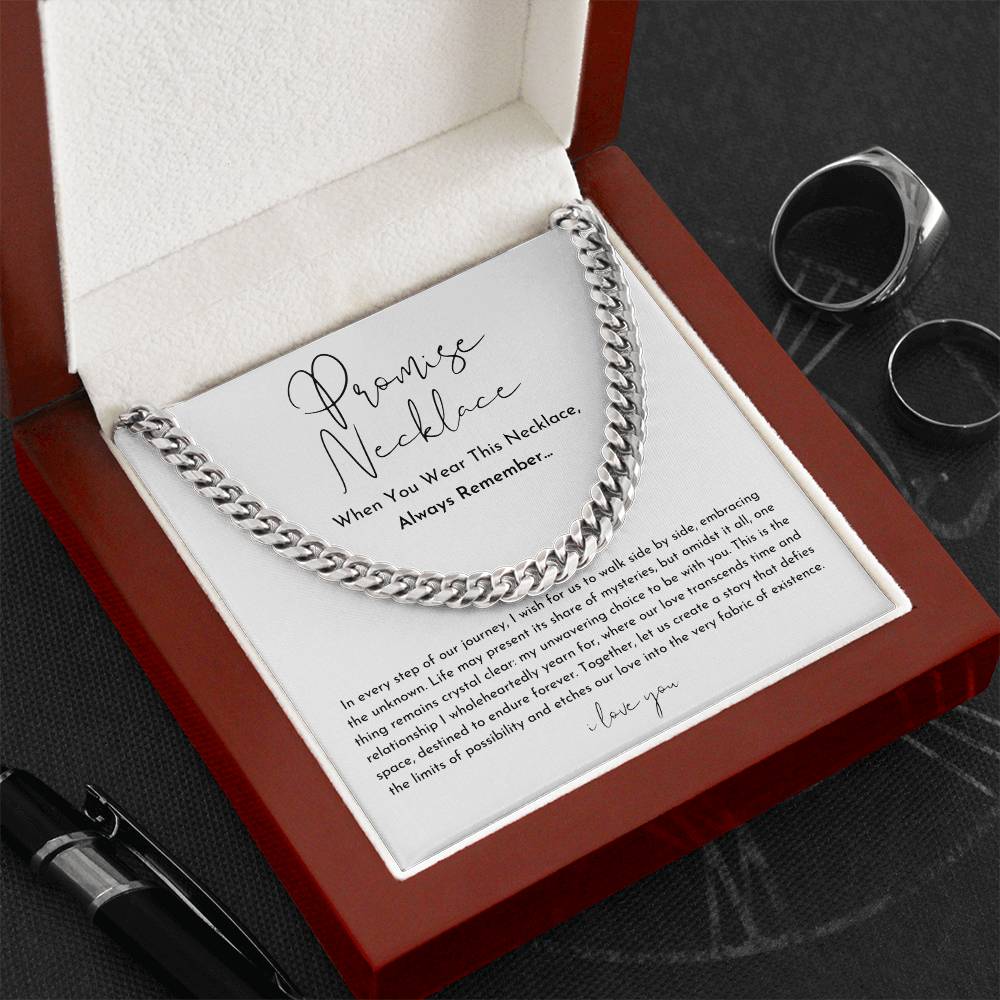 Promise Necklace for Him or Her | Cuban Link Chain in Silver or Gold | Adjustable 18 to 22 Inch with Message Card Gift Box