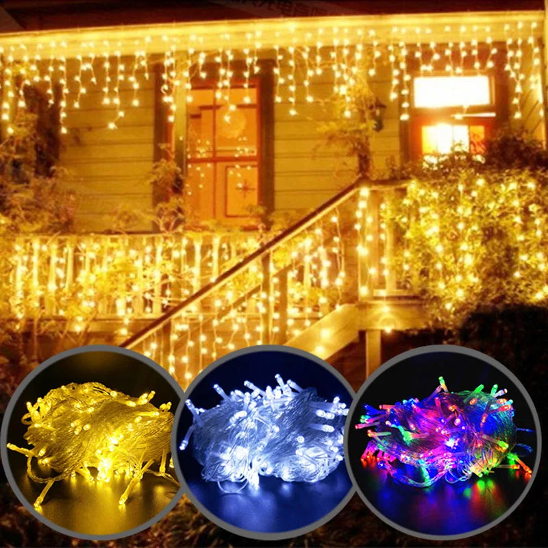 LED Icicle Lights with 15.7 ft Curtain String and 16 to 24 in Drops | IP65 Waterproof Outdoor Decorations | Four Light Colors