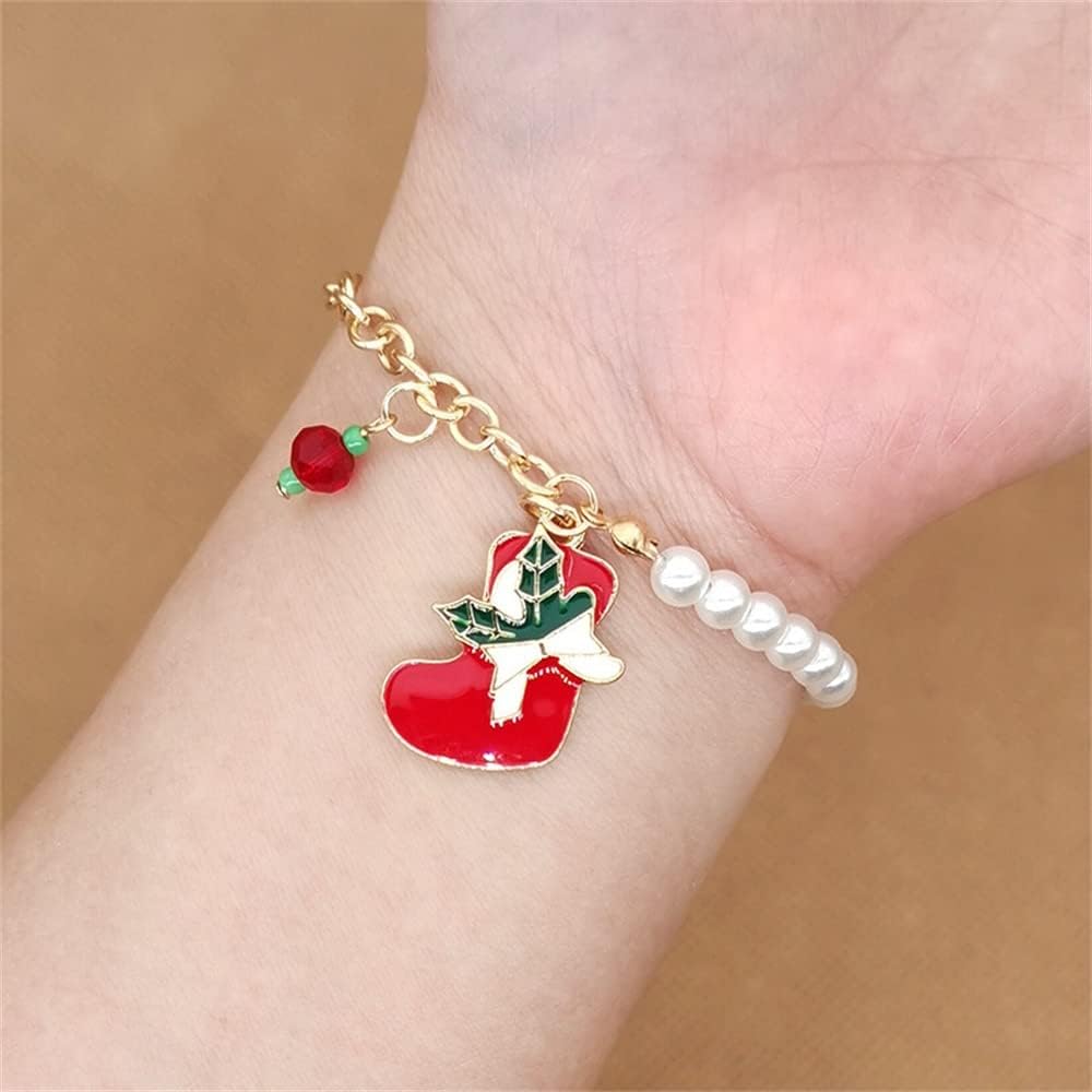 Christmas Charm Bracelet with Pearl Beads | Santa, Reindeer, Snowflake or Bell Styles | Adjustable Festive Jewelry
