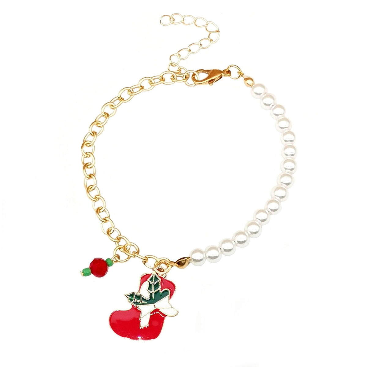 Christmas Charm Bracelet with Pearl Beads | Santa, Reindeer, Snowflake or Bell Styles | Adjustable Festive Jewelry