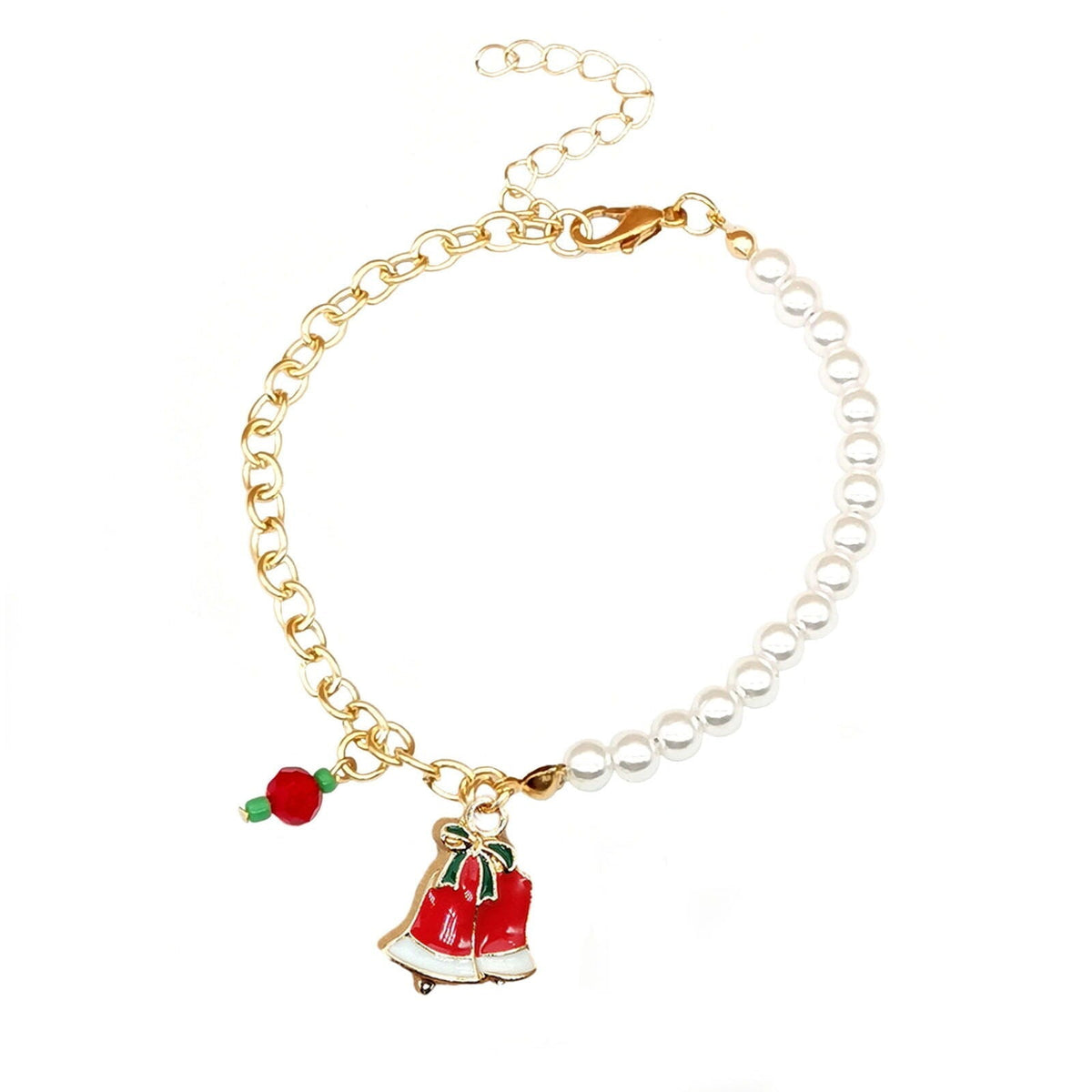 Christmas Charm Bracelet with Pearl Beads | Santa, Reindeer, Snowflake or Bell Styles | Adjustable Festive Jewelry
