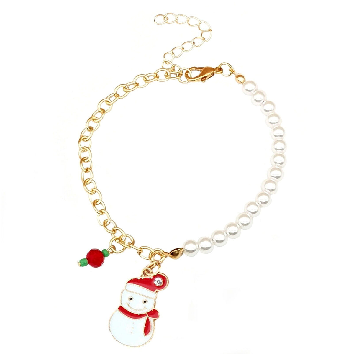 Christmas Charm Bracelet with Pearl Beads | Santa, Reindeer, Snowflake or Bell Styles | Adjustable Festive Jewelry