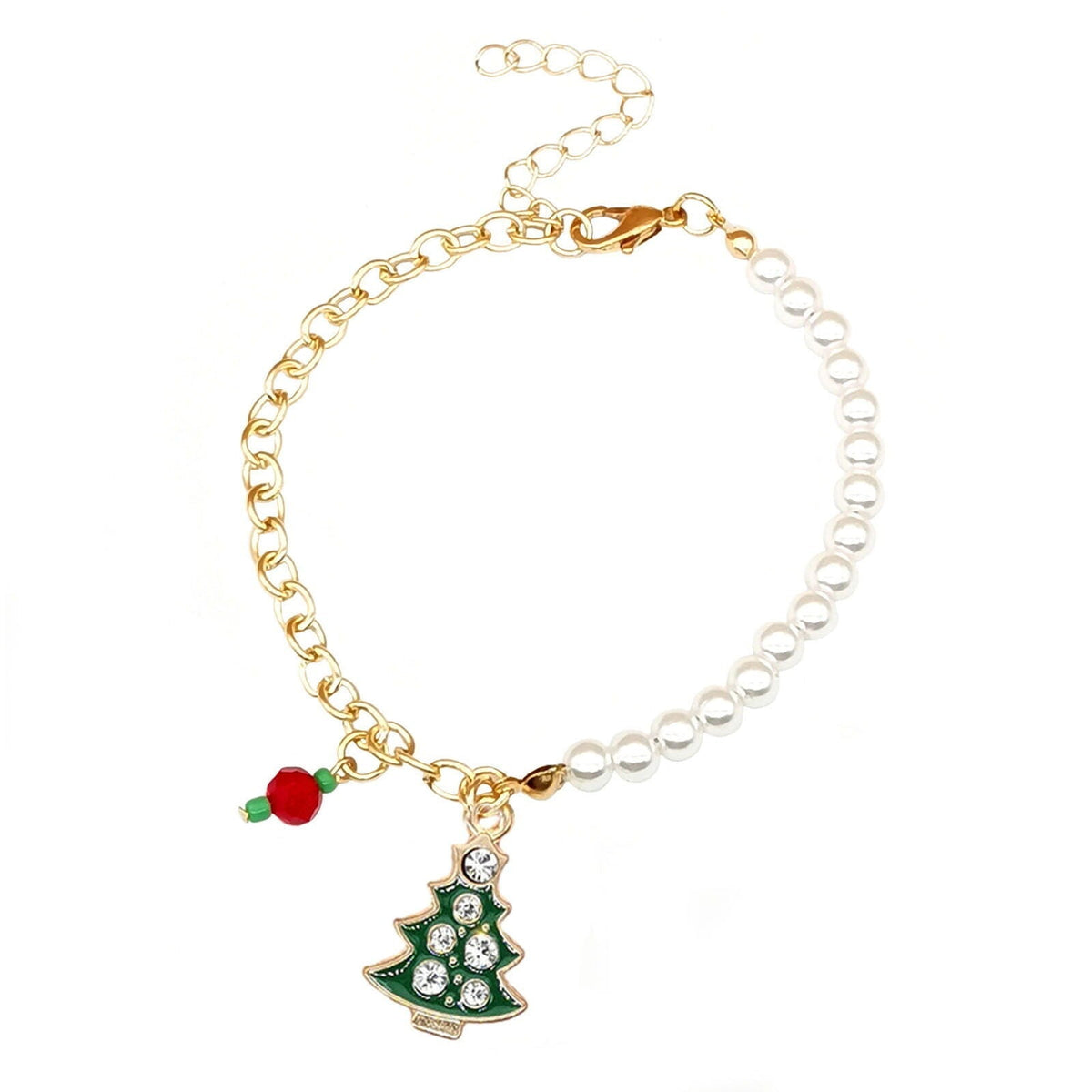 Christmas Charm Bracelet with Pearl Beads | Santa, Reindeer, Snowflake or Bell Styles | Adjustable Festive Jewelry
