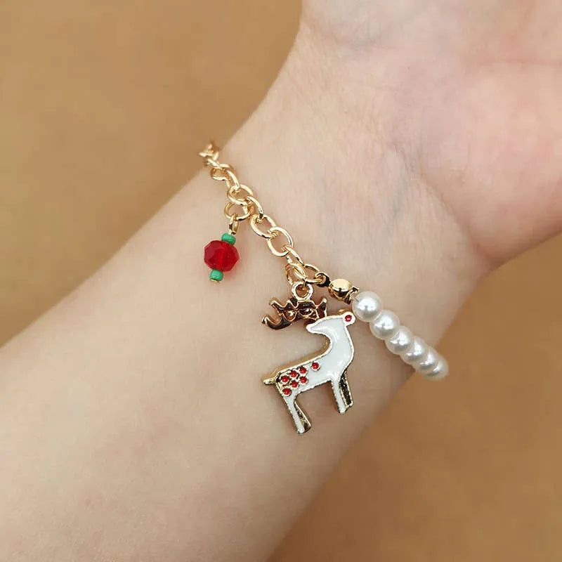 Christmas Charm Bracelet with Pearl Beads | Santa, Reindeer, Snowflake or Bell Styles | Adjustable Festive Jewelry