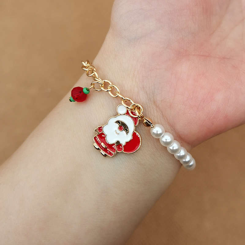 Christmas Charm Bracelet with Pearl Beads | Santa, Reindeer, Snowflake or Bell Styles | Adjustable Festive Jewelry