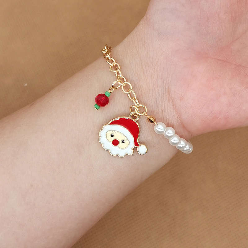 Christmas Charm Bracelet with Pearl Beads | Santa, Reindeer, Snowflake or Bell Styles | Adjustable Festive Jewelry