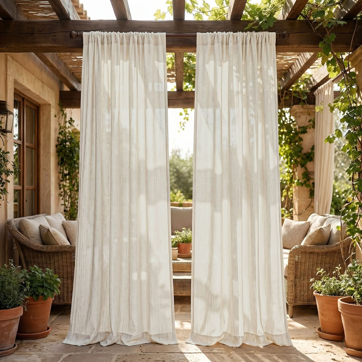 Faux Linen Outdoor Sheer Curtain Panels in 5 Sizes | Light-Filtering Boho Design | Privacy for Patios, Pergolas & Balconies