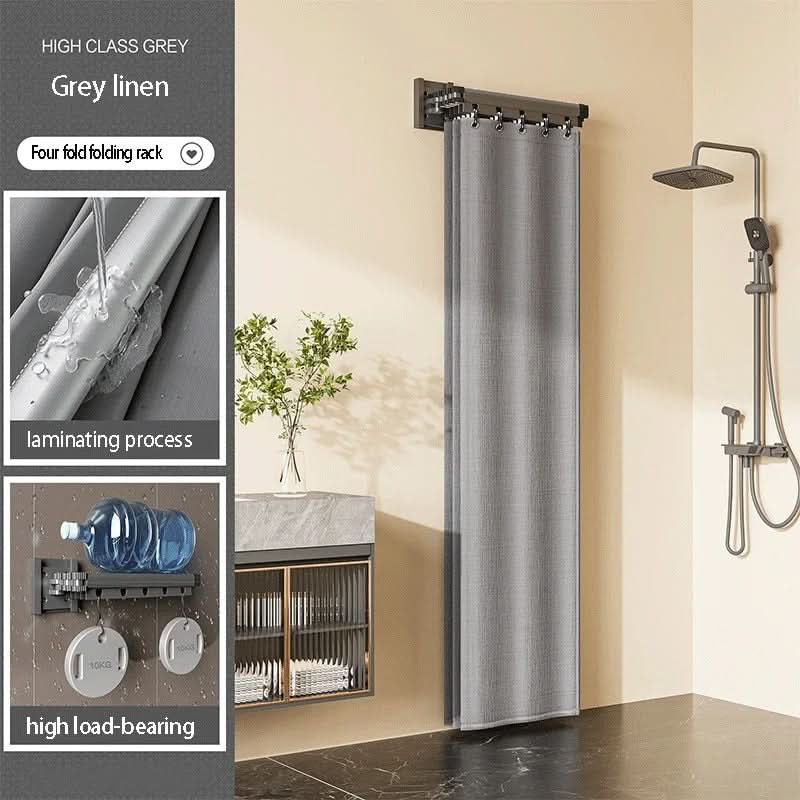 Foldable Shower Curtain Rod Partition Set | Waterproof Fabric | Gray & White Rack Options | Wet-Dry Bathroom Divider