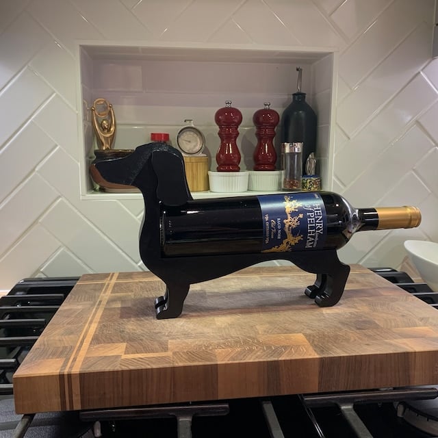 Dachshund Wine Racks for Home in Cast Resin | Decorative Table Stand That Cradles a Single Bottle | Six Colors