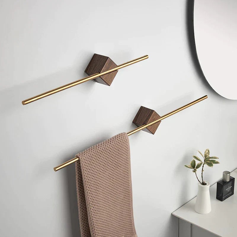 Wall Mounted Rail on a Natural Wood Grain Block | Minimalist Bathroom Towel Storage in Black or Gold | Three Lengths