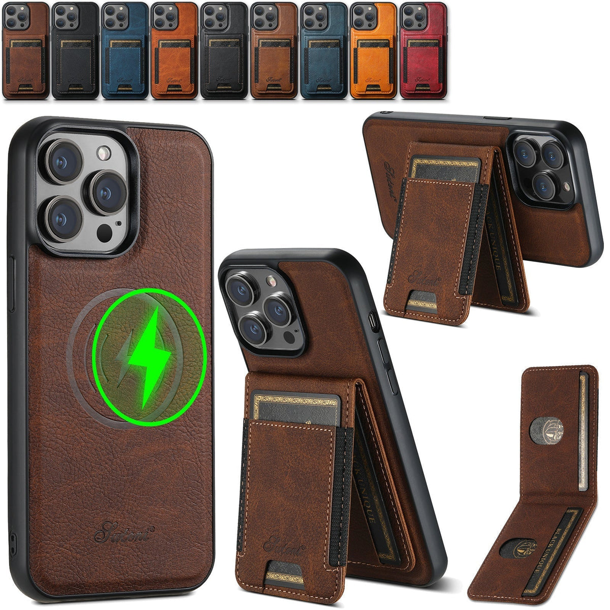 Leather MagSafe Phone Case with Magnetic Card Holder | Fits 13 iPhone Models up to 15 Pro Max | Stand Function, 4 Colors