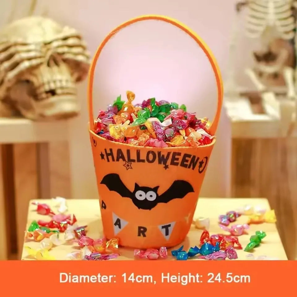 Halloween candy bucket with bat design and carry handle
