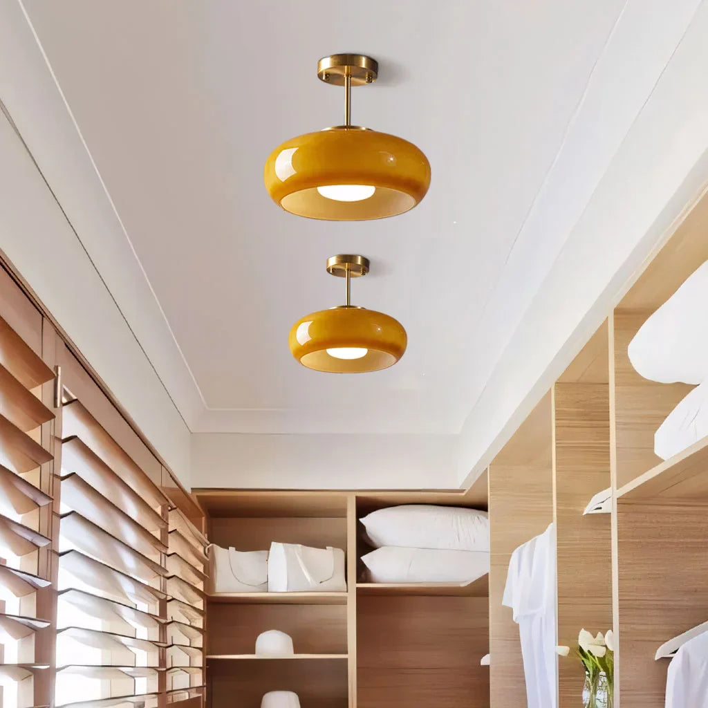 Vintage Glass Ceiling Light Brass Semi Flush