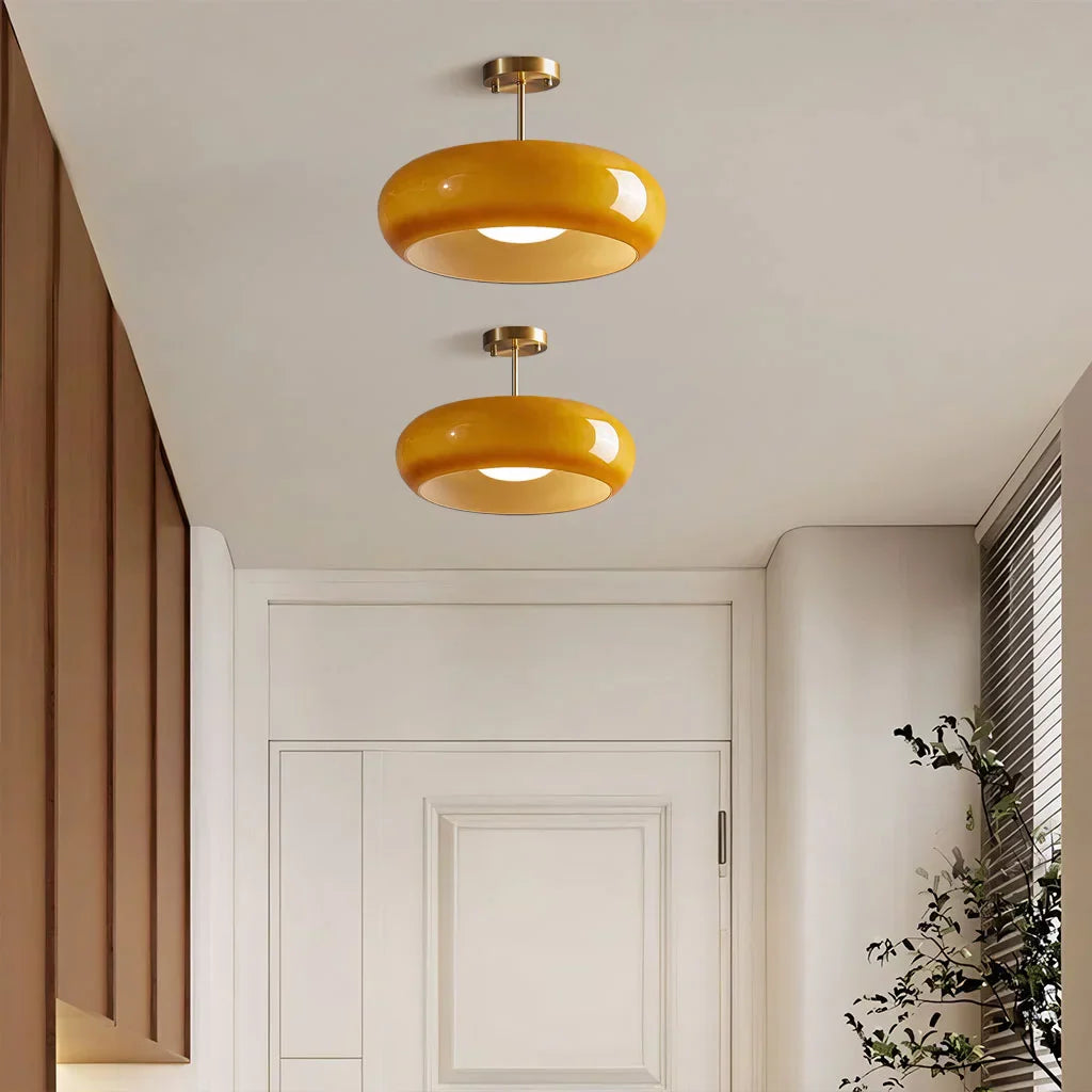 Vintage Glass Ceiling Light Brass Semi Flush