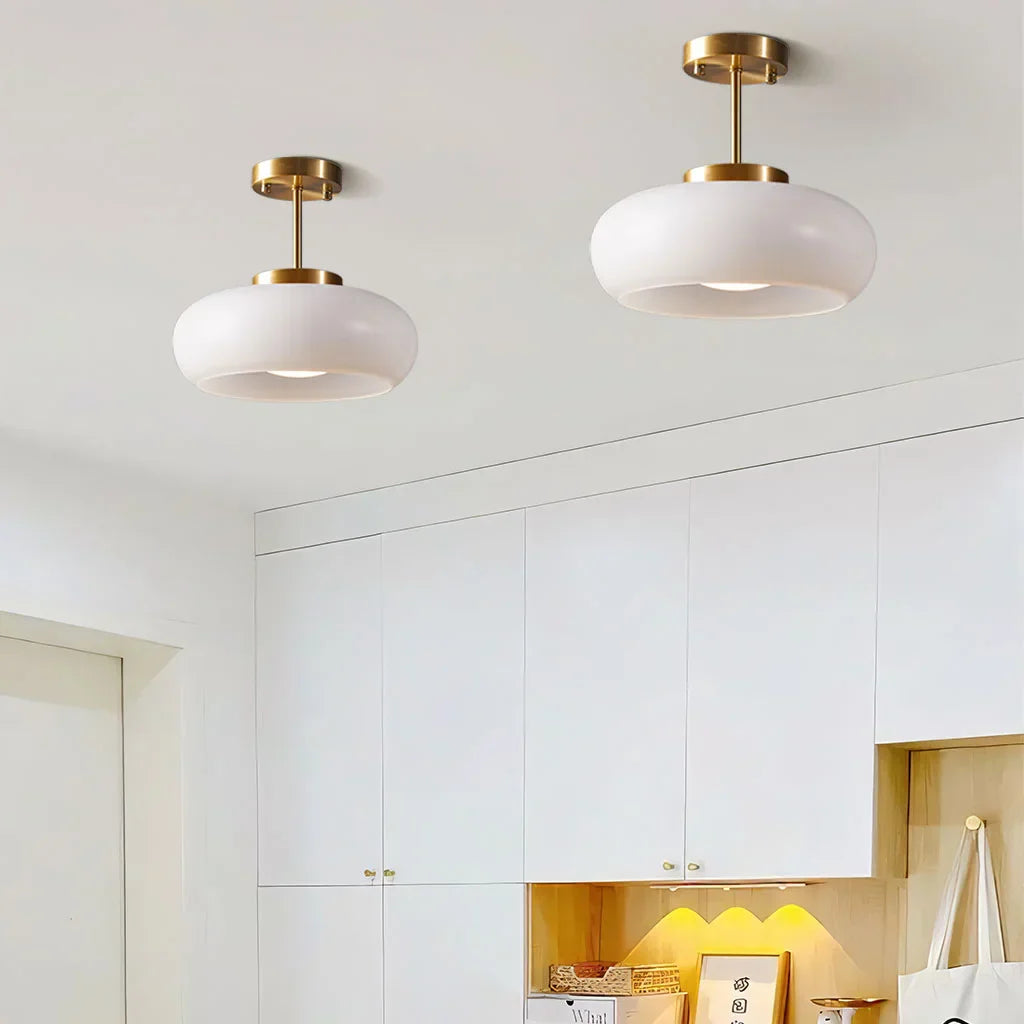 Vintage Glass Ceiling Light Brass Semi Flush